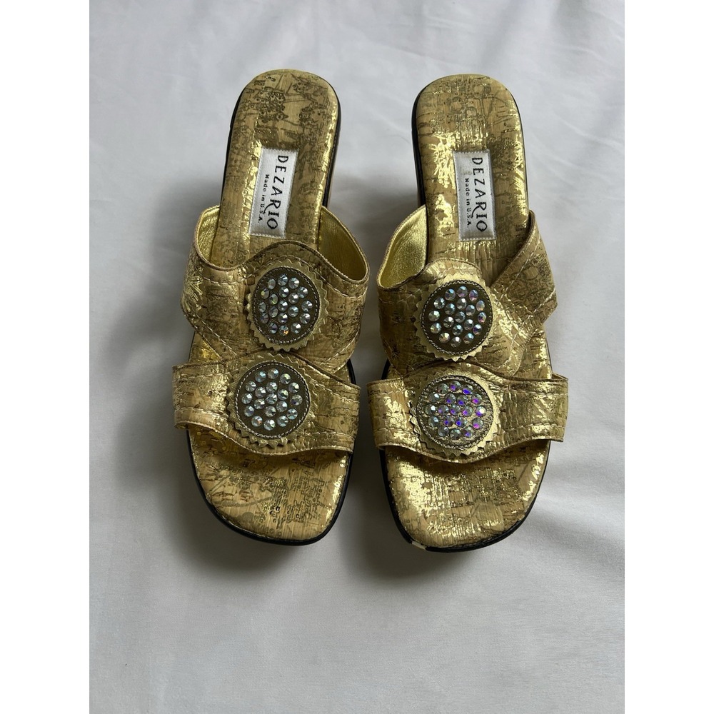 Dezario Gold Cork Wedge Slide Sandals Rhinestone Accent Women’s Made in USA